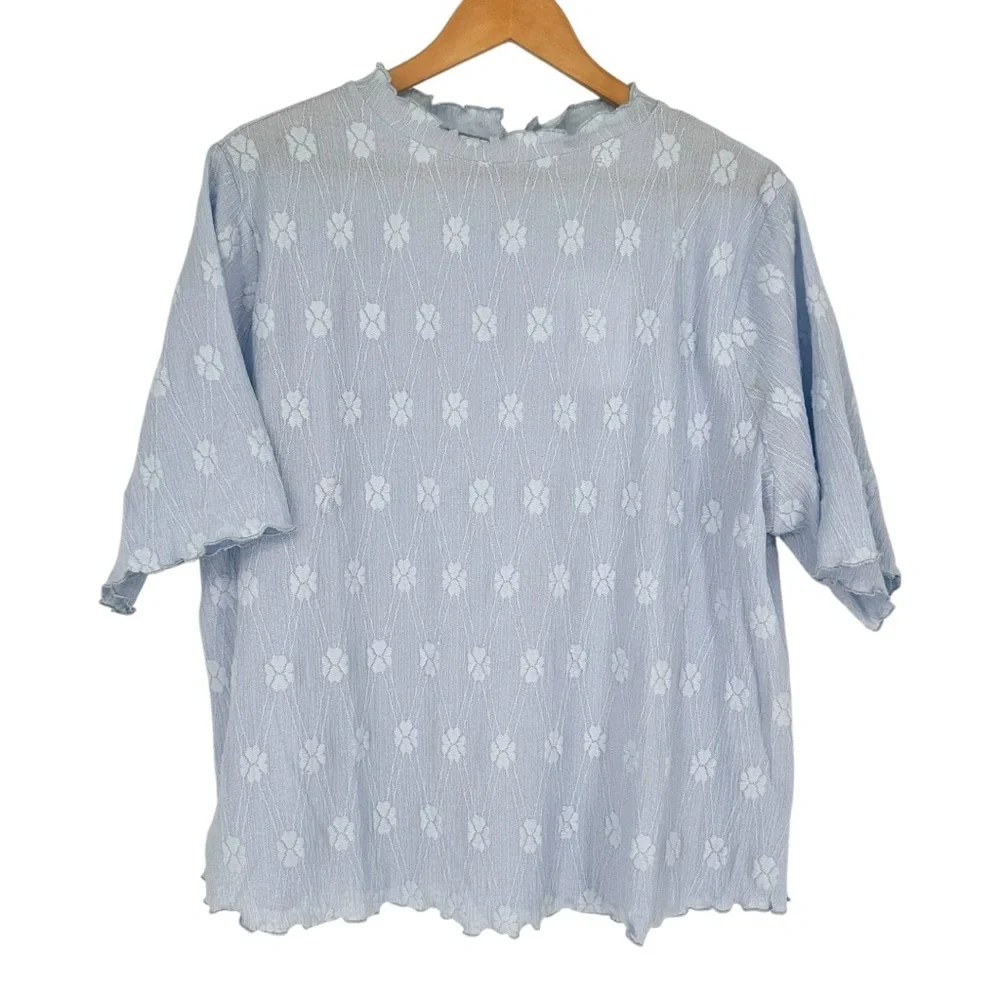 Polagram Light Blue Textured Floral Short Sleeve Top size 2X High Neck NWT